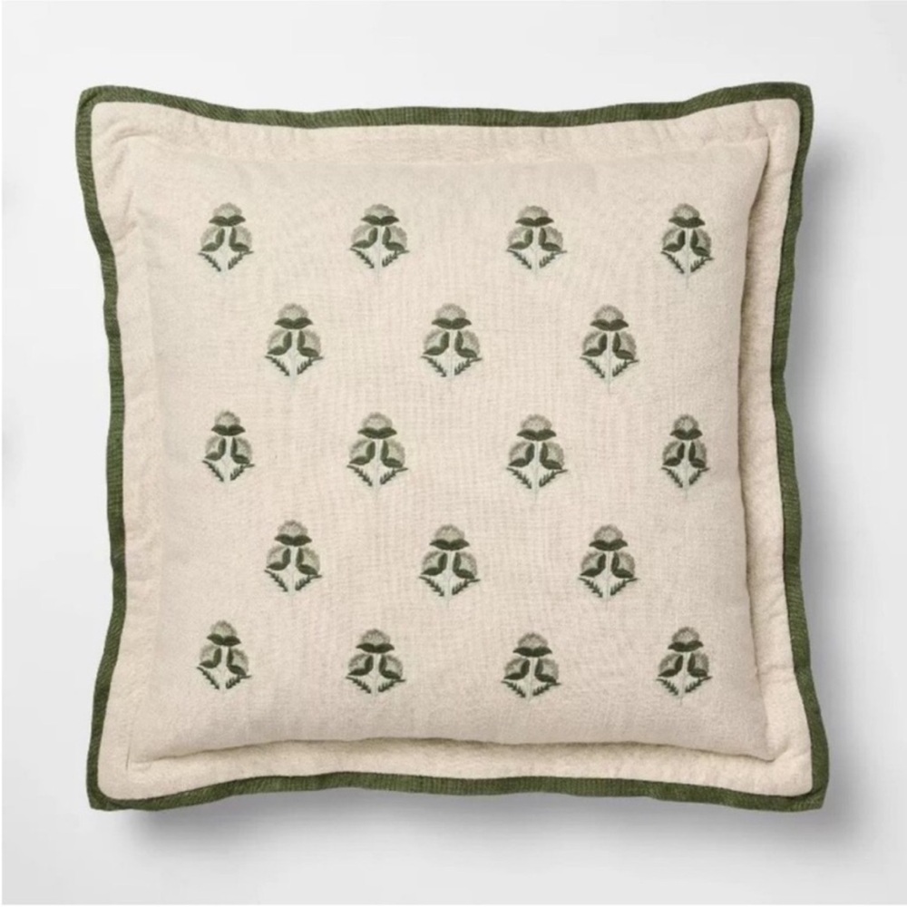 Square Embroidered Floral w/Flange Natural/Green Pillow - Threshold Studio McGee